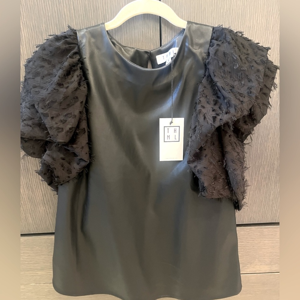 THML size Medium black vegan leather top with fun sleeves. NWT.